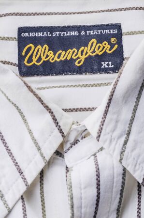 Closeup of Wrangler label on a shirt.のeditorial素材