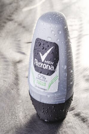 Rexona deodorant isolated on metal background. Rexona is deodorant and antiperspirant brand founded in Australia and manufactured by Unilever.のeditorial素材