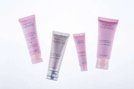 Set of Mary Kay cosmetics isolated on gradient background. Mary Kay is based in Addison, Texas, outside Dallas. Company was founded by Mary Kay Ash in 1963.のeditorial素材