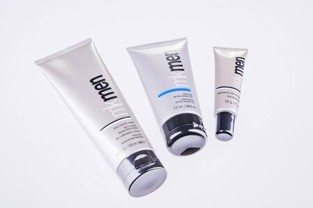 Mary Kay for men cosmetics isolated on metal background. Mary Kay is based in Addison, Texas, outside Dallas. The company was founded by Mary Kay Ash in 1963.のeditorial素材