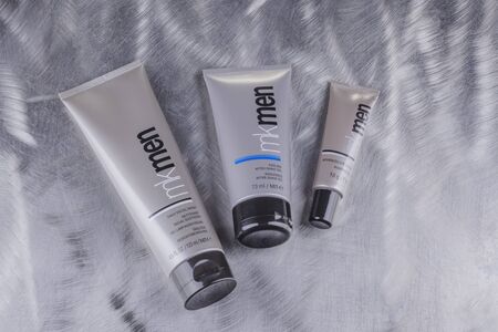 Mary Kay for men cosmetics isolated on stone slate background. Mary Kay is based in Addison, Texas, outside Dallas. The company was founded by Mary Kay Ash in 1963のeditorial素材