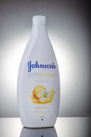 Johnsons body wash isolated on gradient background. It is produces by american Johnson and Johnson corporation founded in 1886 and headquartered in New Brunswickのeditorial素材
