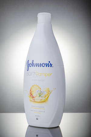 Johnsons body wash isolated on gradient background. It is produces by american Johnson and Johnson corporation founded in 1886 and headquartered in New Brunswickのeditorial素材