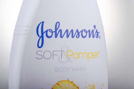 Johnsons body wash isolated on gradient background. It is produces by american Johnson and Johnson corporation founded in 1886 and headquartered in New Brunswickのeditorial素材