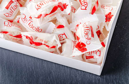 Raffaello ball shaped candies. Raffaello is manufactured by Italian chocolatier Ferrero Rocher which was founded in 1946 in Alba, Italy.のeditorial素材