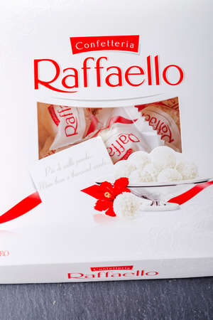 Raffaello ball shaped candies. Raffaello is manufactured by Italian chocolatier Ferrero Rocher which was founded in 1946 in Alba, Italy.のeditorial素材
