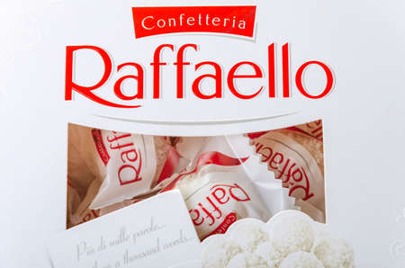 Raffaello ball shaped candies. Raffaello is manufactured by Italian chocolatier Ferrero Rocher which was founded in 1946 in Alba, Italy.のeditorial素材