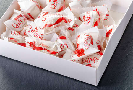 Raffaello ball shaped candies. Raffaello is manufactured by Italian chocolatier Ferrero Rocher which was founded in 1946 in Alba, Italy.のeditorial素材