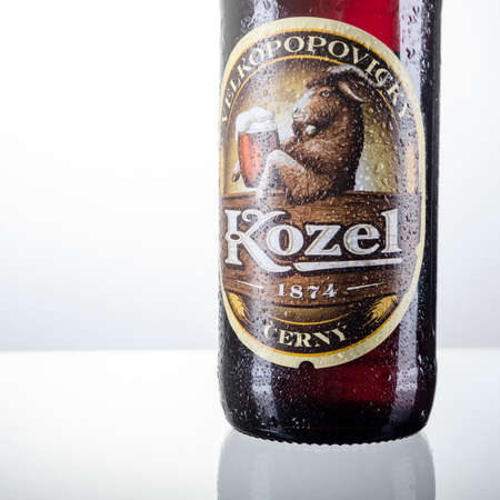 Velkopopovicky Kozel beer isolated on white background. Kozel beer has been brewed in Velke Popovice in Czech Republic since 1874のeditorial素材