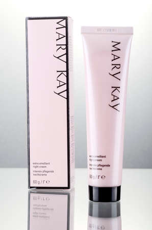 Mary Kay cosmetics isolated on gradient background. Mary Kay is based in Addison, Texas, outside Dallas. Company was founded by Mary Kay Ash in 1963.のeditorial素材