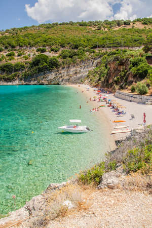 Scenic view on Makris Gialos sandy beach. It is situated on the north west coast of Zakynthos island, Greece.のeditorial素材
