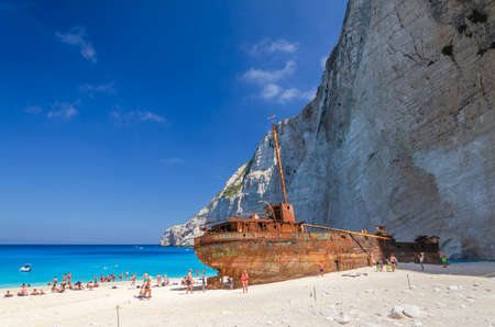 Picturesque Navagio sandy beach with famous shipwreck. It is situated on west coast of Zakynthos...
