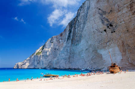 Picturesque Navagio sandy beach with famous shipwreck. It is situated on west coast of Zakynthos...