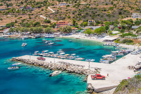 Picturesque turquoise bay of Agios Nikolaos. It is situated on the north east coast of Zakynthos island on Ionian Sea, Greece.のeditorial素材