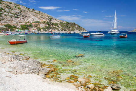 Picturesque turquoise bay of Agios Nikolaos. It is situated on the north east coast of Zakynthos island on Ionian Sea, Greece.のeditorial素材