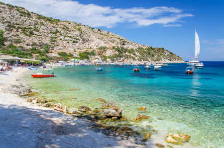 Picturesque turquoise bay of Agios Nikolaos. It is situated on the north east coast of Zakynthos island on Ionian Sea, Greece.のeditorial素材