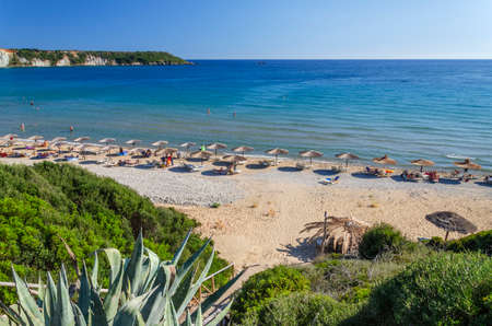 Picturesque sandy Gerakas beach - a breeding site of the caretta sea turtles, situated on Vassilikos peninsula of Zakynthos island on Ionian Sea, Greece.のeditorial素材