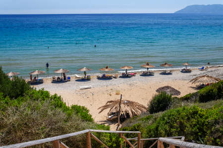 Picturesque sandy Gerakas beach - a breeding site of the caretta sea turtles, situated on Vassilikos peninsula of Zakynthos island on Ionian Sea, Greece.のeditorial素材