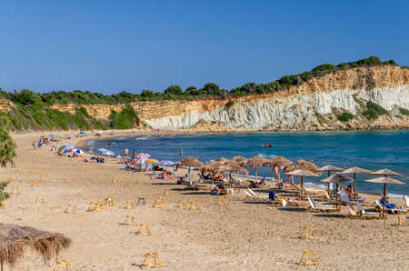 Picturesque sandy Gerakas beach - a breeding site of the caretta sea turtles, situated on Vassilikos peninsula of Zakynthos island on Ionian Sea, Greece.のeditorial素材