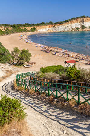 Picturesque sandy Gerakas beach - a breeding site of the caretta sea turtles, situated on Vassilikos peninsula of Zakynthos island on Ionian Sea, Greece.のeditorial素材