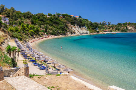 Beautiful Porto Roma sandy beach. It is situated on Vassilikos peninsula on the south east coast of Zakynthos island, Greece.の写真素材