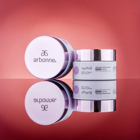 Arbonne age well cosmetics isolated on gradient background. Arbonne is international multi-level marketing company founded in 1980 in the United States by Norwegian entrepreneur Petter Morck.のeditorial素材