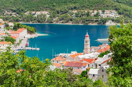 Spectacular view on Pucisca town located on the north coast of Brac island in Croatiaの写真素材