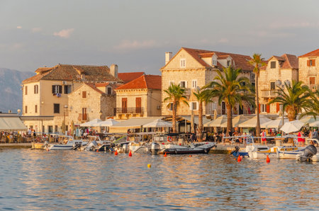 Picturesque old town of Supetar in sunset light. Supetar is the biggest town of Brac island in Croatiaのeditorial素材