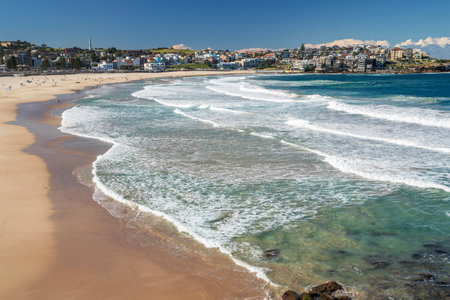 Picturesque golden sandy Bondi Beach in Sydney. Bondi beach is the perfect place for surfers due to constantly rising high waves.のeditorial素材