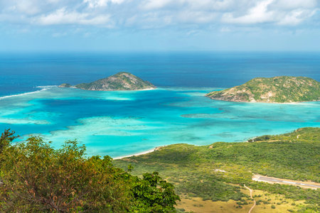 Spectacular aerial view of coral reefs from Cooks Look on Lizard Island. It is located on Great...