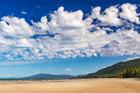 Picturesque tropical coastal sandy beach in Cape Tribulation, Queensland, Australia. Cape Tribulation is within Daintree National Park on Coral Sea.の写真素材