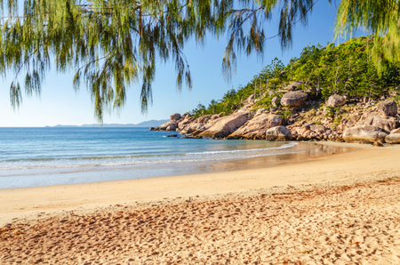 Picturesque golden sandy Alma Beach with granite boulders and turquoise water on Magnetic Island, Queensland, Australia. It is a holiday destination 8 km offshore of Townsville.の写真素材