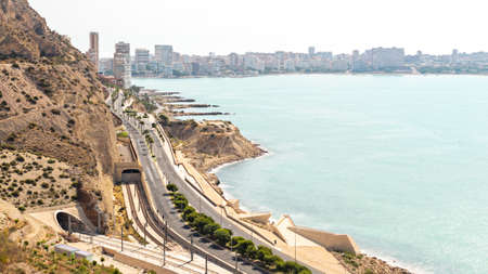 aerial view of the school of sailing in Alicante, where you can see the sea, full of students paddling on a sunny summer dayの写真素材
