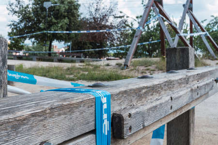 playground closed for quarantine on a cloudy dayのeditorial素材