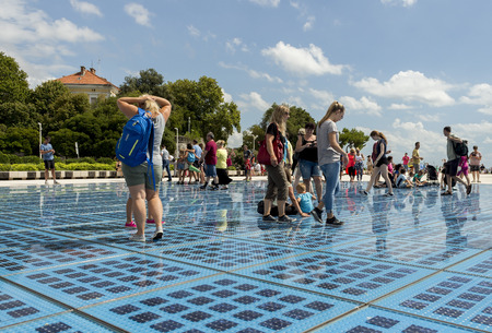 ZADAR, CROATIA - AUGUST 17, 2015: People walking on Greeting to the Sun sculpture. "Greeting to the Sun" by architect Nicola Basic, solar panels in Dalmatian town of Zadarのeditorial素材