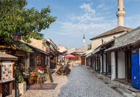 MOSTAR, BOSNIA AND HERZEGOVINA - AUGUST 15, 2015: Empty streets of Mostar early in the morningのeditorial素材