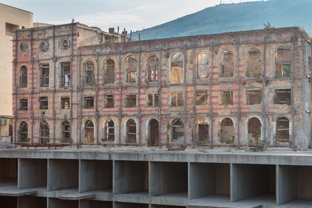 MOSTAR, BOSNIA AND HERZEGOVINA - AUGUST 15, 2015: Hotel Neretva destroyed during the war in Bosnia and Herzegovinaのeditorial素材