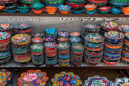 MOSTAR, BOSNIA AND HERZEGOVINA - AUGUST 12, 2015: Colorful bowls in one of many shops in bazaar in Mostar, Bosnia and Herzegovinaのeditorial素材