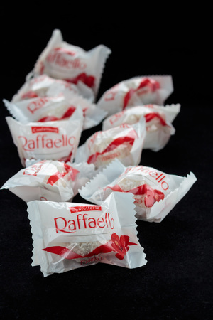 ZAGREB, CROATIA - FEBRUARY 12, 2016: Ferrero Raffaello in a separate packaging. Raffaello is a spherical coconut almond confection that manufactured by Ferrero SpAのeditorial素材