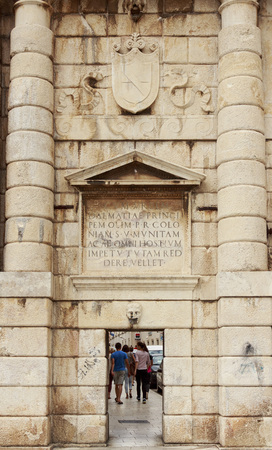 ZADAR, CROATIA - JULY 15, 2014: Land Gate build in the 1543rd according to the designs of the Venetian architect Michele Sanmicheli, in the shape of the arch with three entrances.のeditorial素材