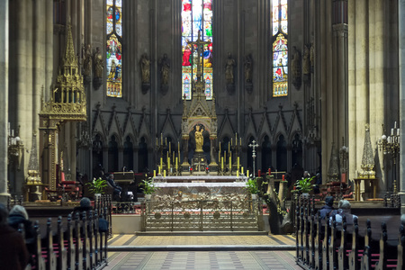 ZAGREB, CROATIA - DECEMBER 13, 2014: Interior of Cathedral dedicated to Assumption of Mary and kings Saint Stephen and Ladislaus in Zagreb, Croatia. The building is 46 m wide and 108 m high.のeditorial素材