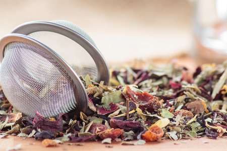 Dried cherry tea on wooden tableの写真素材