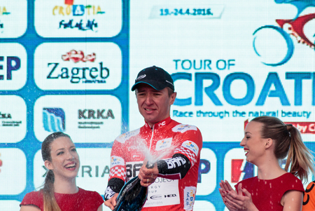 ZAGREB, CROATIA - APRIL 24, 2016: Bicycle race Tour of Croatia 2016. Winner Matija Kvasinaのeditorial素材