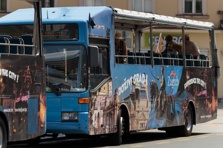 ZAGREB, CROATIA - AUGUST 05, 2015: Hop on, hop off tourist bus in city of Zagrebのeditorial素材