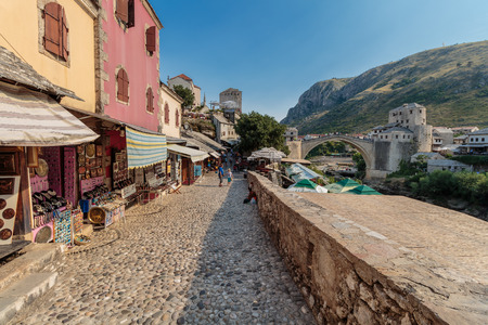 MOSTAR, BOSNIA AND HERZEGOVINA - JULY 11, 2016: Bazzar in older part of town. Kujundziluk street near the Old Bridge in Mostarのeditorial素材