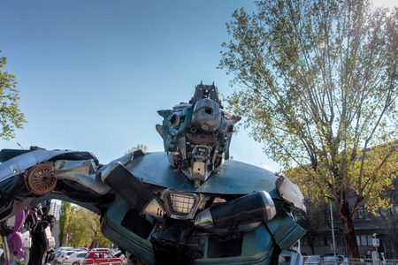 Zagreb, Croatia - April 11, 2016: Transformers protecting Zagreb, street exhibition by Danilo Baletic. Transformers are made of automobile parts.のeditorial素材