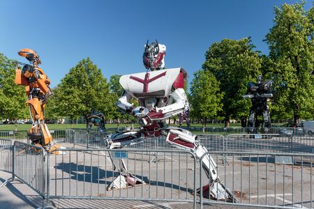 Zagreb, Croatia - April 11, 2016: Transformers protecting Zagreb, street exhibition by Danilo Baletic. Transformers are made of automobile parts.のeditorial素材