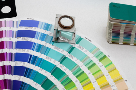 SAMOBOR, CROATIA - JANUARY 09, 2015: Latest Pantone plus series catalog in printing house, pantone is way of mixing colors to specific shadeのeditorial素材