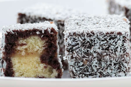 Australian Lamington cake on white plateの写真素材