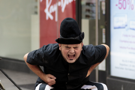 ZAGREB, CROATIA - JUNE 6, 2015: Performer Otto il Bassotto clown from Italy with pain in his belly, during 19th Cest is d'Best festival in Zagreb.のeditorial素材